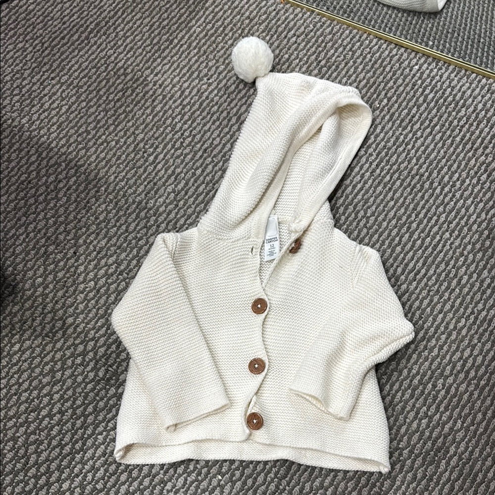 Cream Hooded Baby Cardigan with Pom Pom